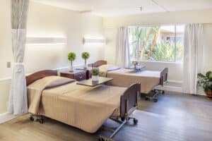 Resident room with two beds, plants and palm trees outside window