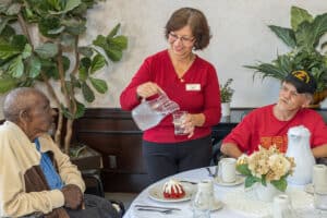 Woman pouring water for men at dining table