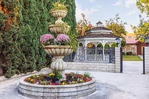 floral fountain in the courtyard at Waterman Canyon